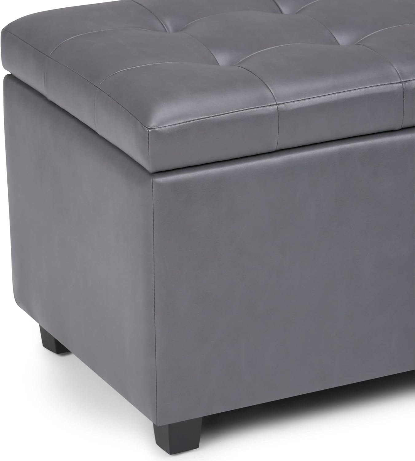 SIMPLIHOME Cosmopolitan Storage Ottoman - 34 inch Wide Upholstered Vegan Leather Rectangle Storage Ottoman Bench in Stone Grey, Transitional Tufted Ottoman for Living Room or Entryway with Lift-Up Lid