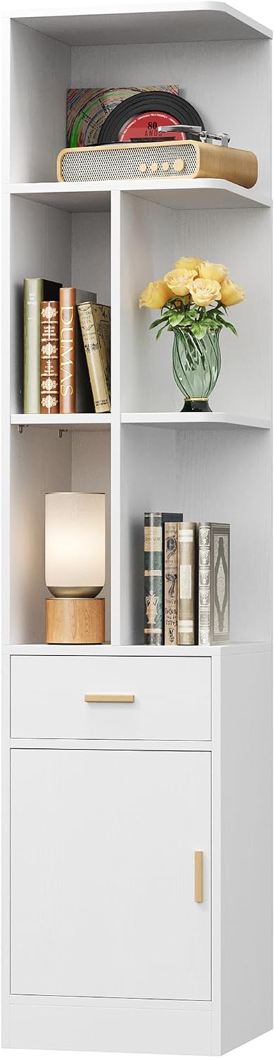 IRONCK Corner Bookshelf，72.8' Tall Corner Shelf with Drawer and Door, Narrow Corner Bookcase with Adjustable Shelves for Living Room Home Office, White