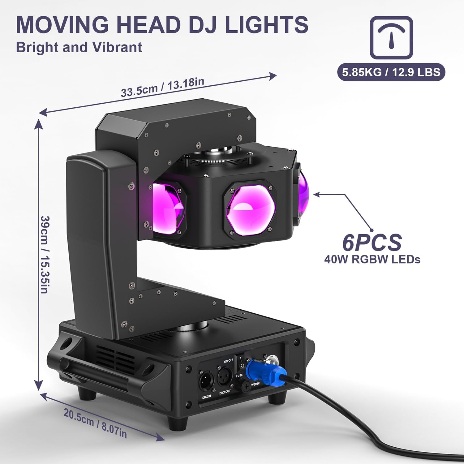 Moving Head DJ Lights - 6 x 40W RGBW Stage Lighting with 3-Axis Linkage, DMX & Sound Activated, DJ Beam Lights Spotlight - Perfect for DJ, Party, Wedding, Church, Live Show, Bar