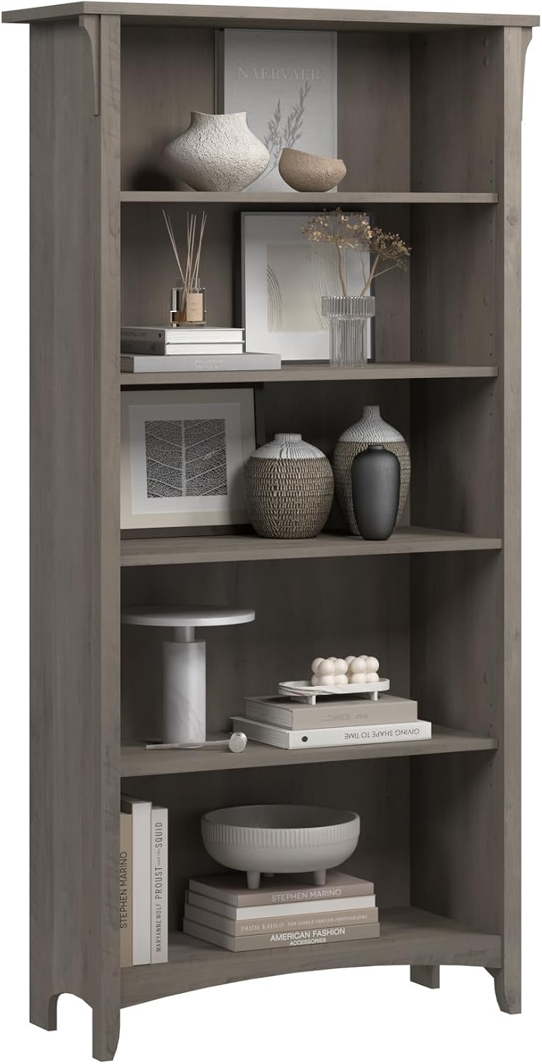Bush Home Salinas 5 Shelf Bookcase in Driftwood Gray, Tall Bookshelf, Large Book Shelf for Living Room, Home Office, or Entryway