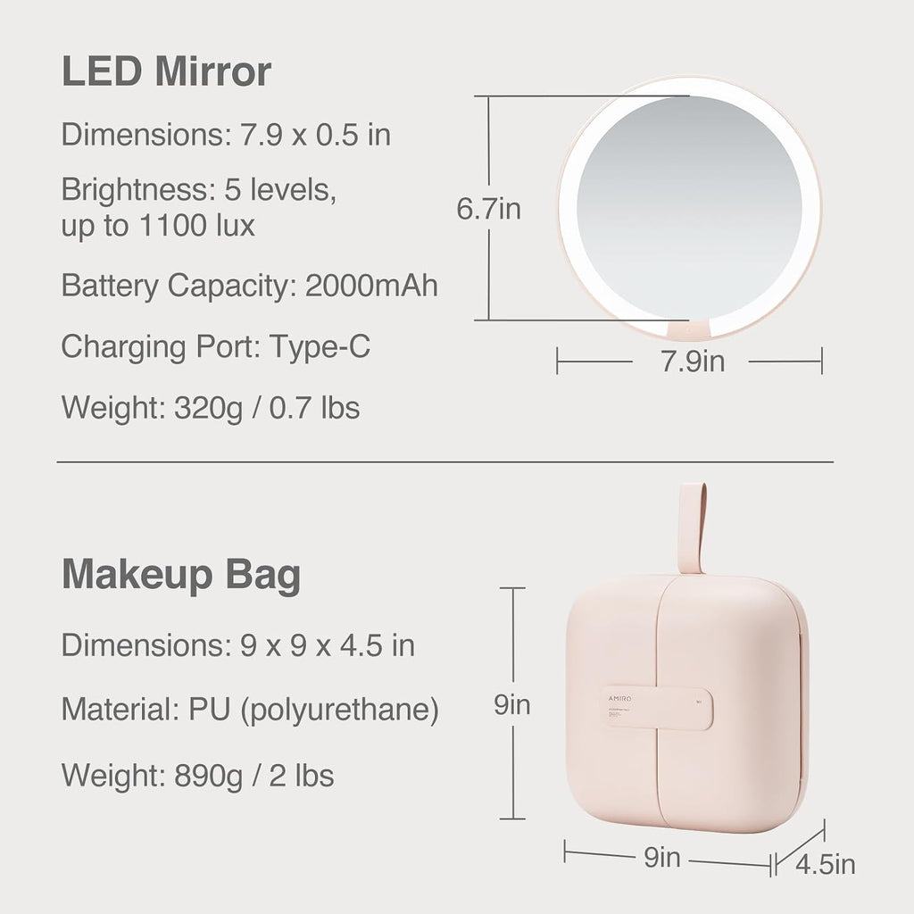 AMIRO M2 Cude Travel Makeup Bag with 5 Level Brightness & 3 Color LED Mirror, Portable Makeup Artist Organizer, Pink