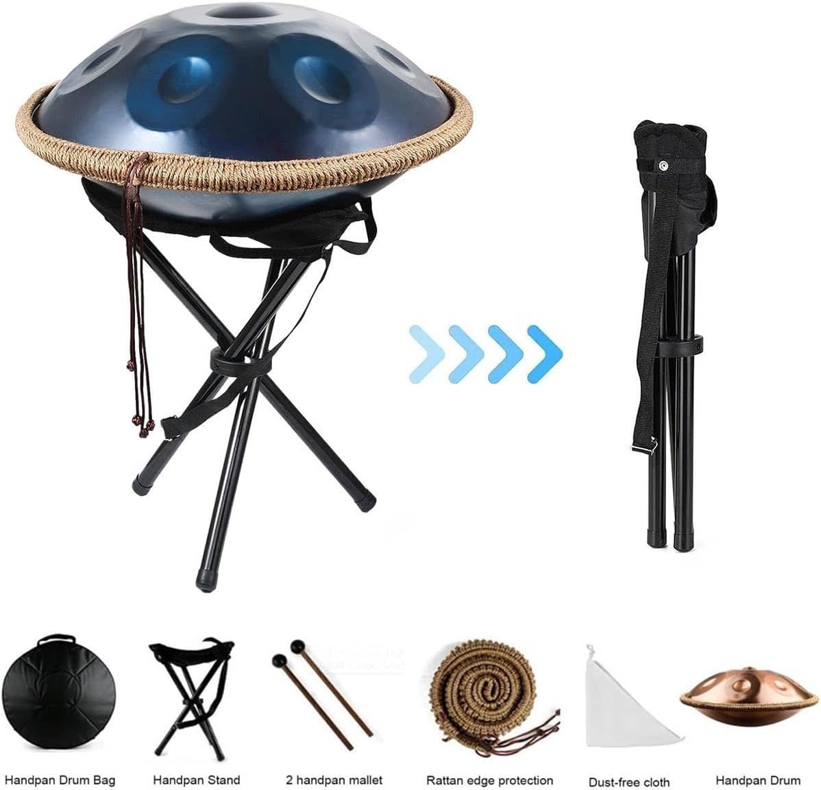 Handpan Instrument 432Hz/440Hz in D Minor Kurd, Steel Handpan 22 Inches, 9/10/12 Notes Handpan Drum with Mallets and Soft Bag, Suitable for Professional Performance(Black,440HZ/10Note)