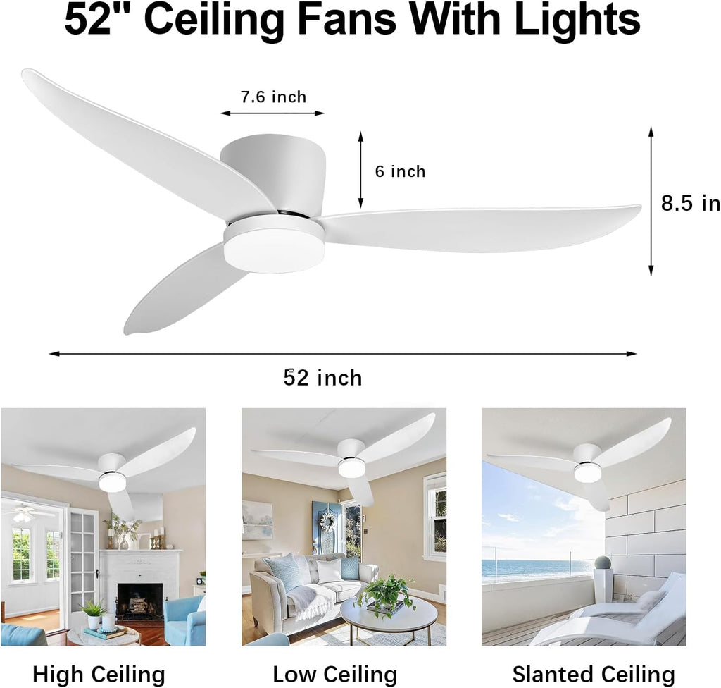 White 52 inch Ceiling Fan with Light and Remote Control, Low Profile Flush Mount Ceiling Fan with Lights, 3 Blade Dimmable LED Light for Bedroom Living Room Indoor, 6 Speeds DC Reversible Fans