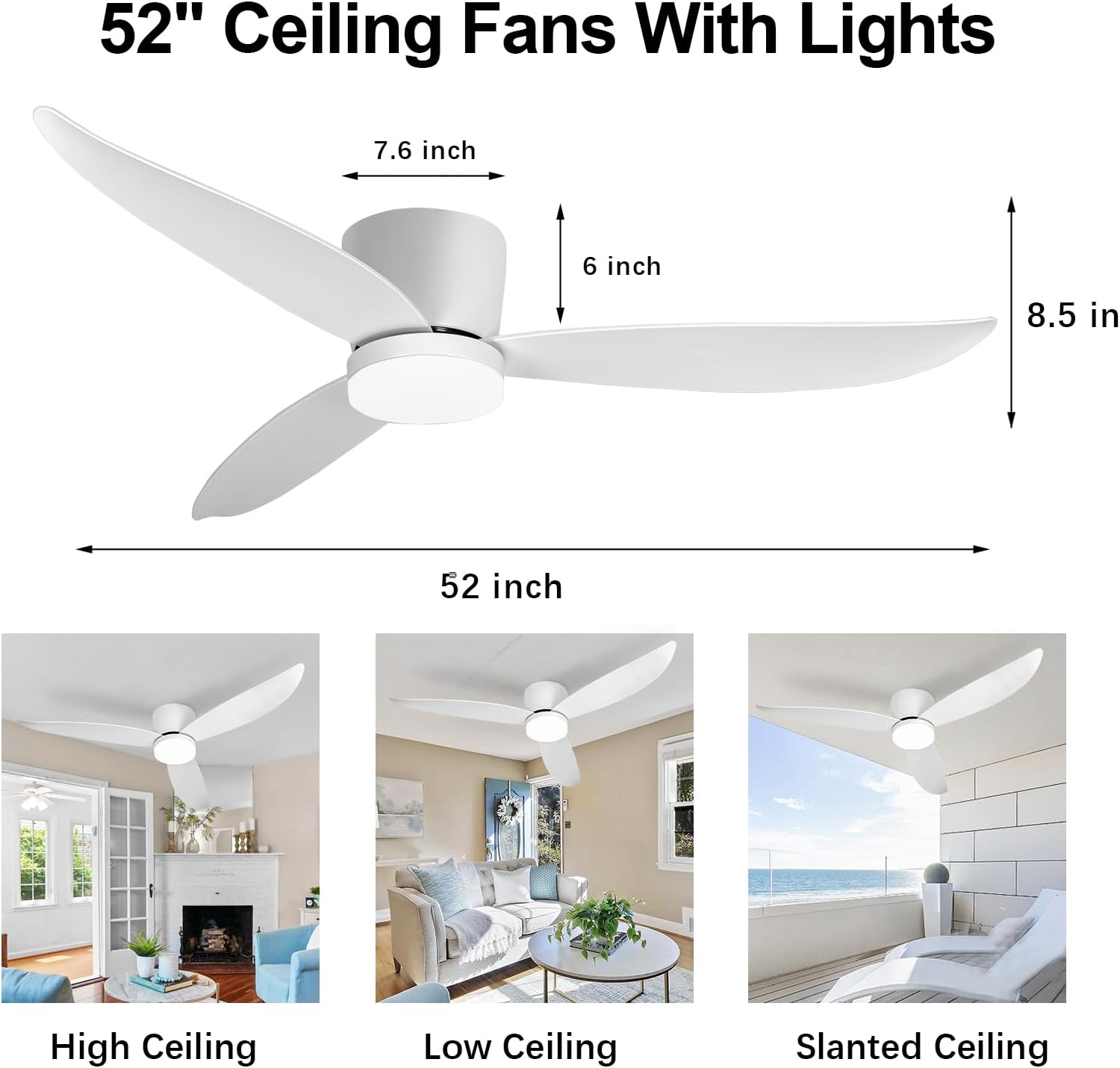 White 52 inch Ceiling Fan with Light and Remote Control, Low Profile Flush Mount Ceiling Fan with Lights, 3 Blade Dimmable LED Light for Bedroom Living Room Indoor, 6 Speeds DC Reversible Fans