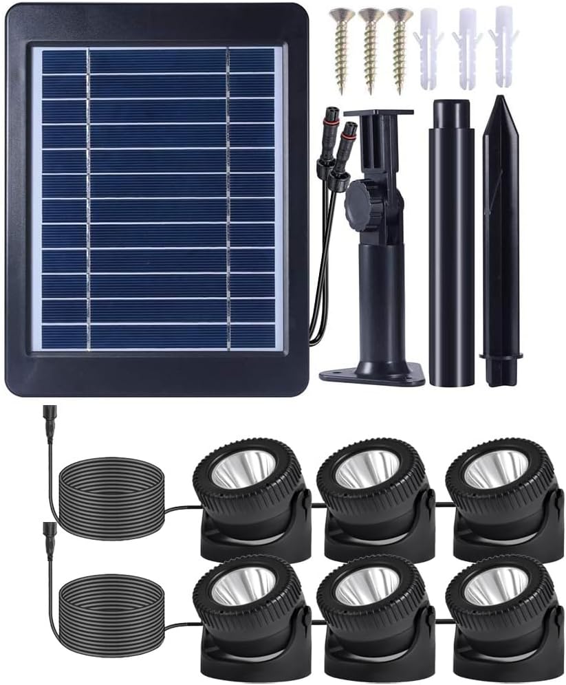 flexman Set of 6 Solar Pond Light, 6V 4W Solar RGB LED Submersible Fountain Lights with 16.4Ft Cord, Water Proof Adjustable Underwater Landscape Spotlights for Pool Garden Yard (Colorful Light)
