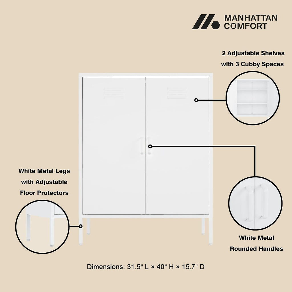 Manhattan Comfort Naomi Modern Metal Accent Cabinet, Minimalist Storage Cabinet with Doors & Adjustable Shelves, Vented Doors, Sturdy Steel Build, Versatile & Multi-Purpose Home Furniture, White
