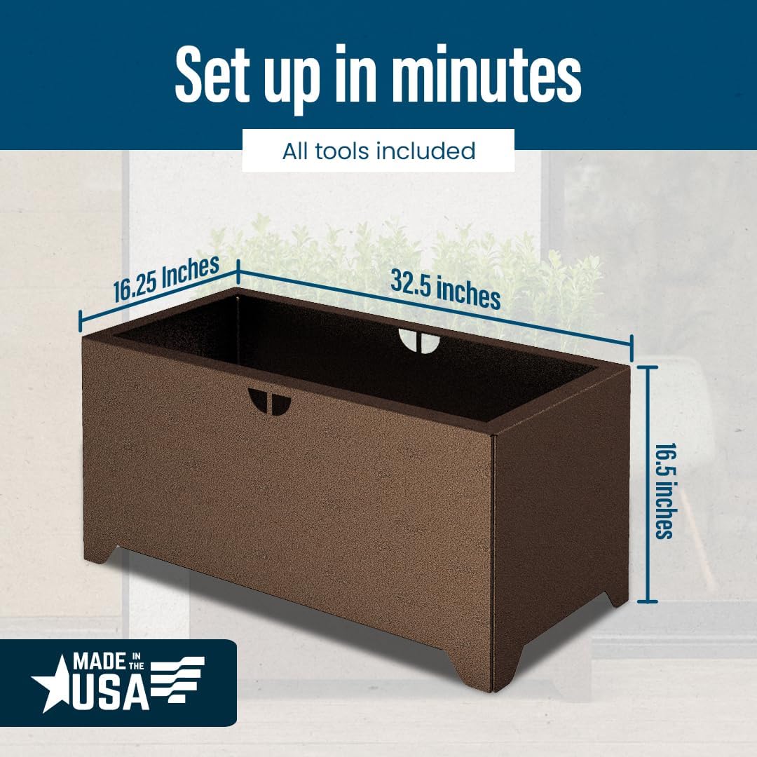 Tarter Rectangle Modern Planter for Outdoor Plants with Tools Included - 16.5 in. H x 32.50 in. L x 16.25' D - Large Raised Garden Bed Planter Box with Galvanized Steel - Lawn & Gardening Essentials
