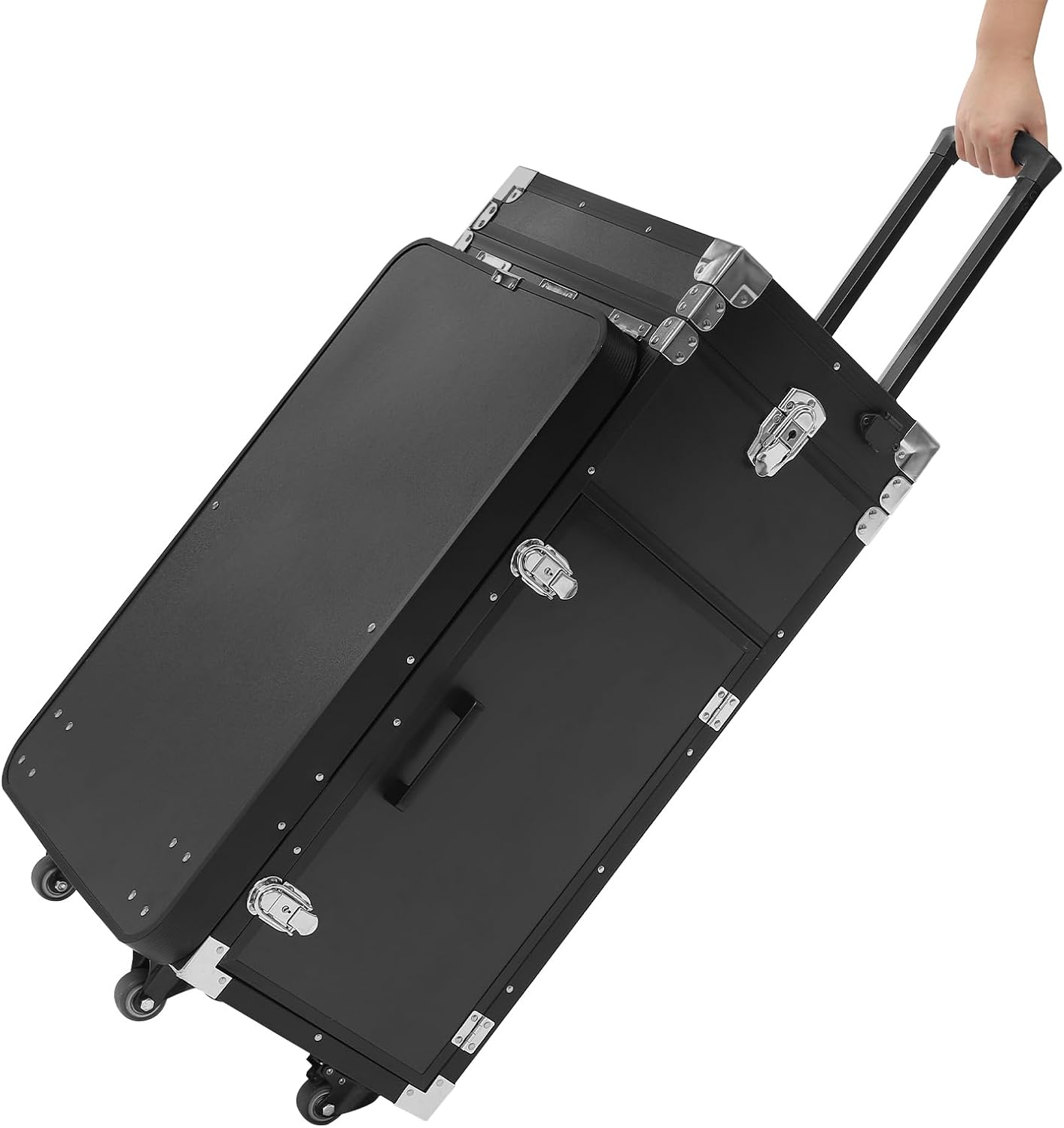 Makeup Train Case With 4 Universal Wheels,Portablel Makeup Suitcase With Drawers,Unfold Table And Makeup Mirror,Rolling Cosmetic Storage Organizer For Artist,Hairstylist,Etc (Black,Silver)