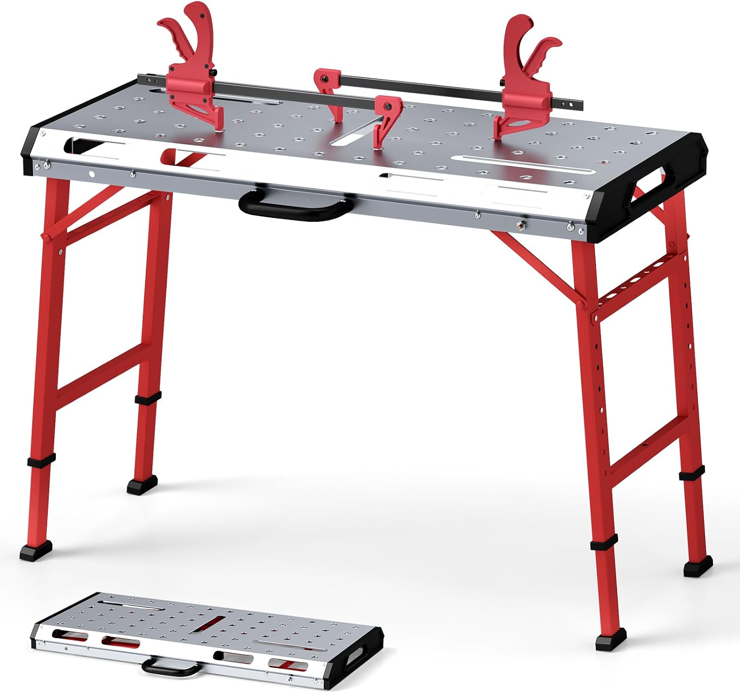 Goplus Portable Welding Table, 42' x 21' Folding Height Adjustable Weld Table Top w/1000LBS Capacity, 2 Bar Clamps, 8 Tool Slots, Handle, 0.7' Holes, Heavy-Duty Workbench Fixture Table for Garage
