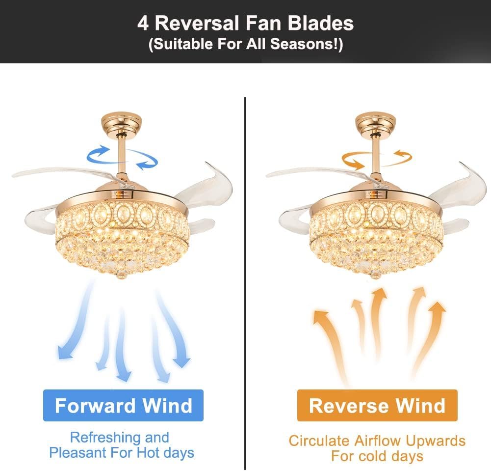 FRIXCHUR 42″ Dimmable Gold Crystal Chandelier Ceiling Fan Modern LED Fandelier Flush Mount Ceiling Fan with Lights and Remote, 6 Speed 3 Color Fans for Living Room Bedroom
