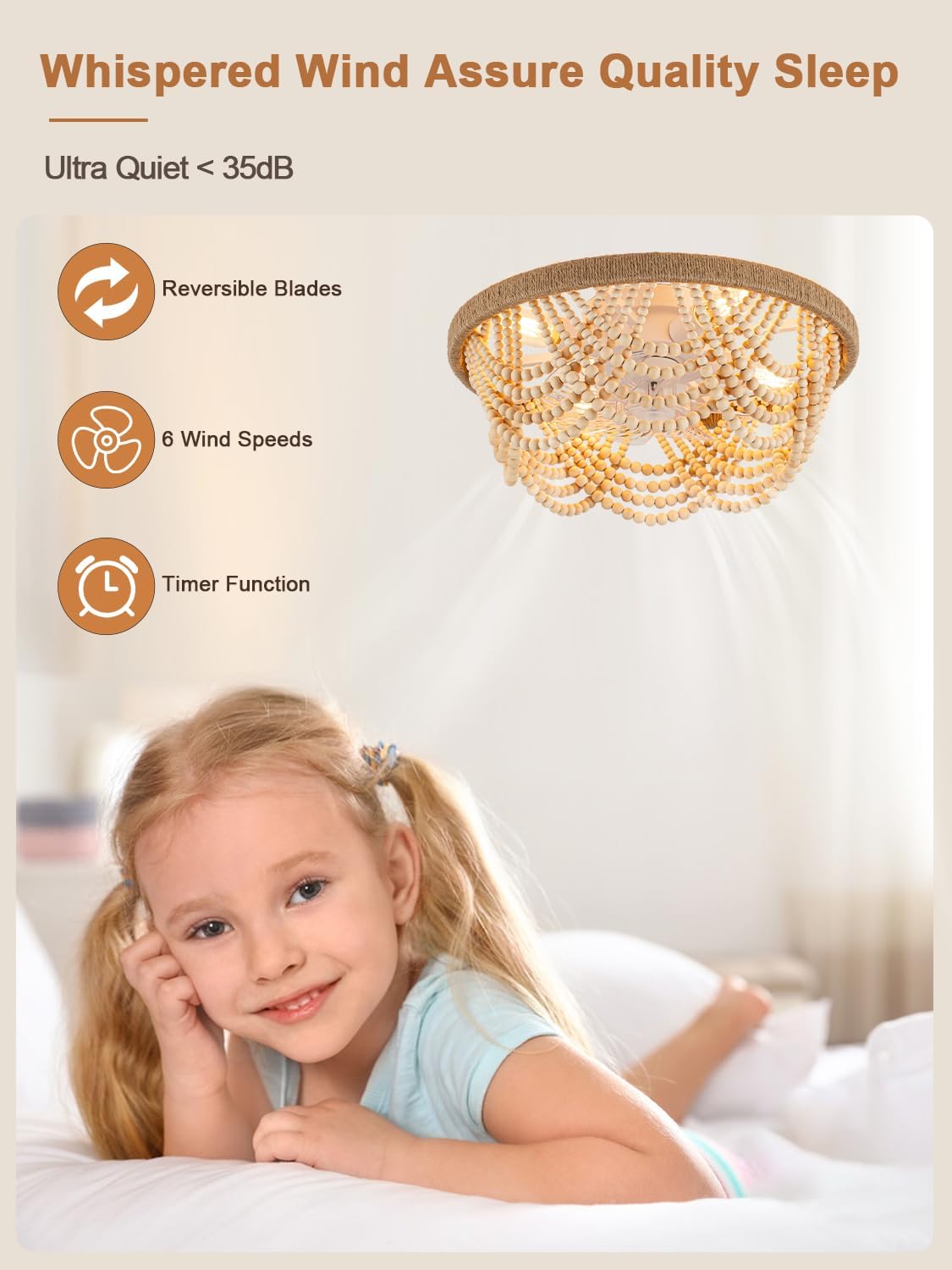 20' Boho Fandelier Ceiling Fan with Light, Flush Mount Low Profile Ceiling Fan Handcrafted Beaded for Bedroom, Living Room