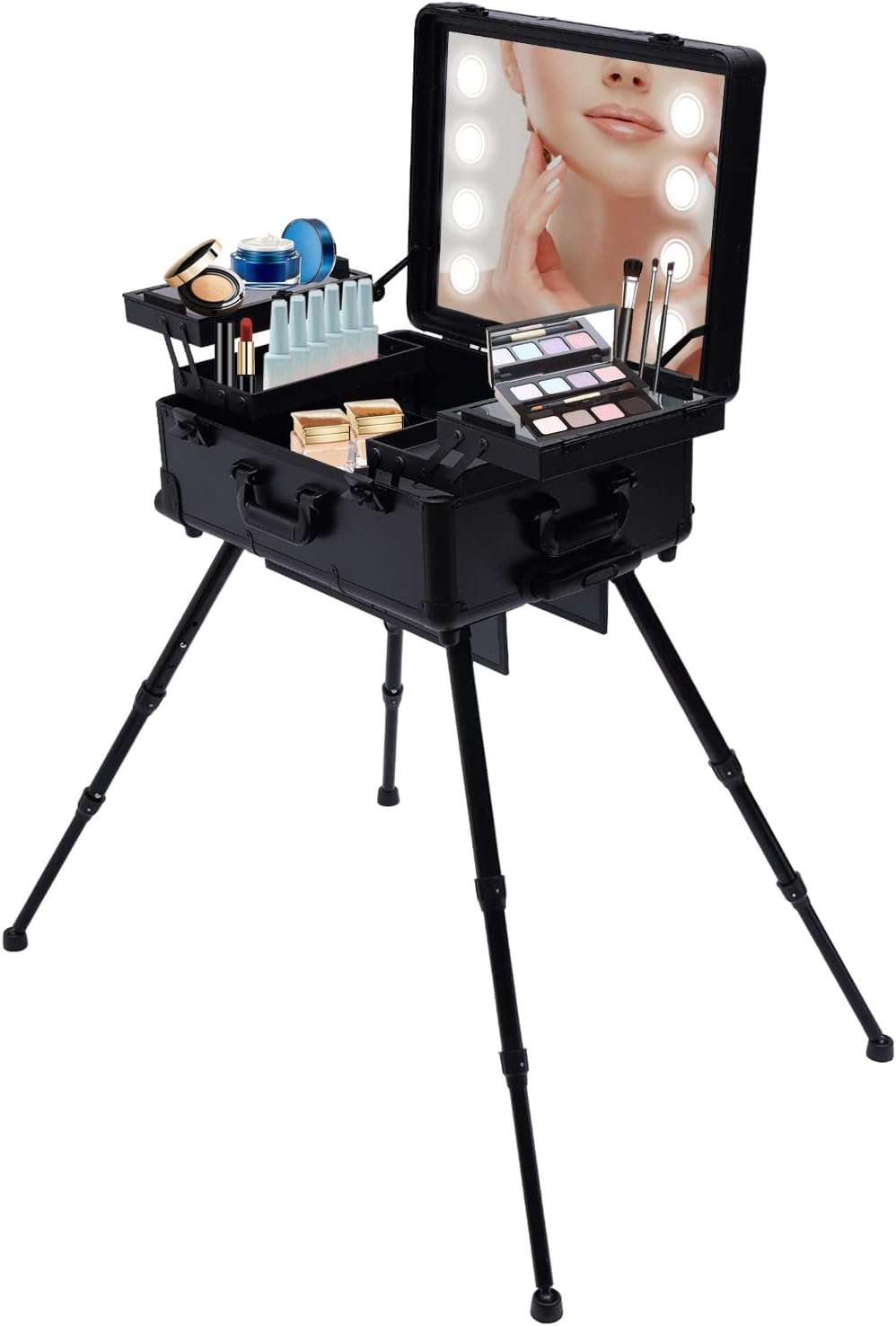 Portable Makeup Station Trolley Makeup Train Case, Portable Vanity Table Makeup Train Case With Mirror & LED Lights, Rolling Vanity Travel Makeup Vanity Cases with Wheels & Adjustable Legs (Black)