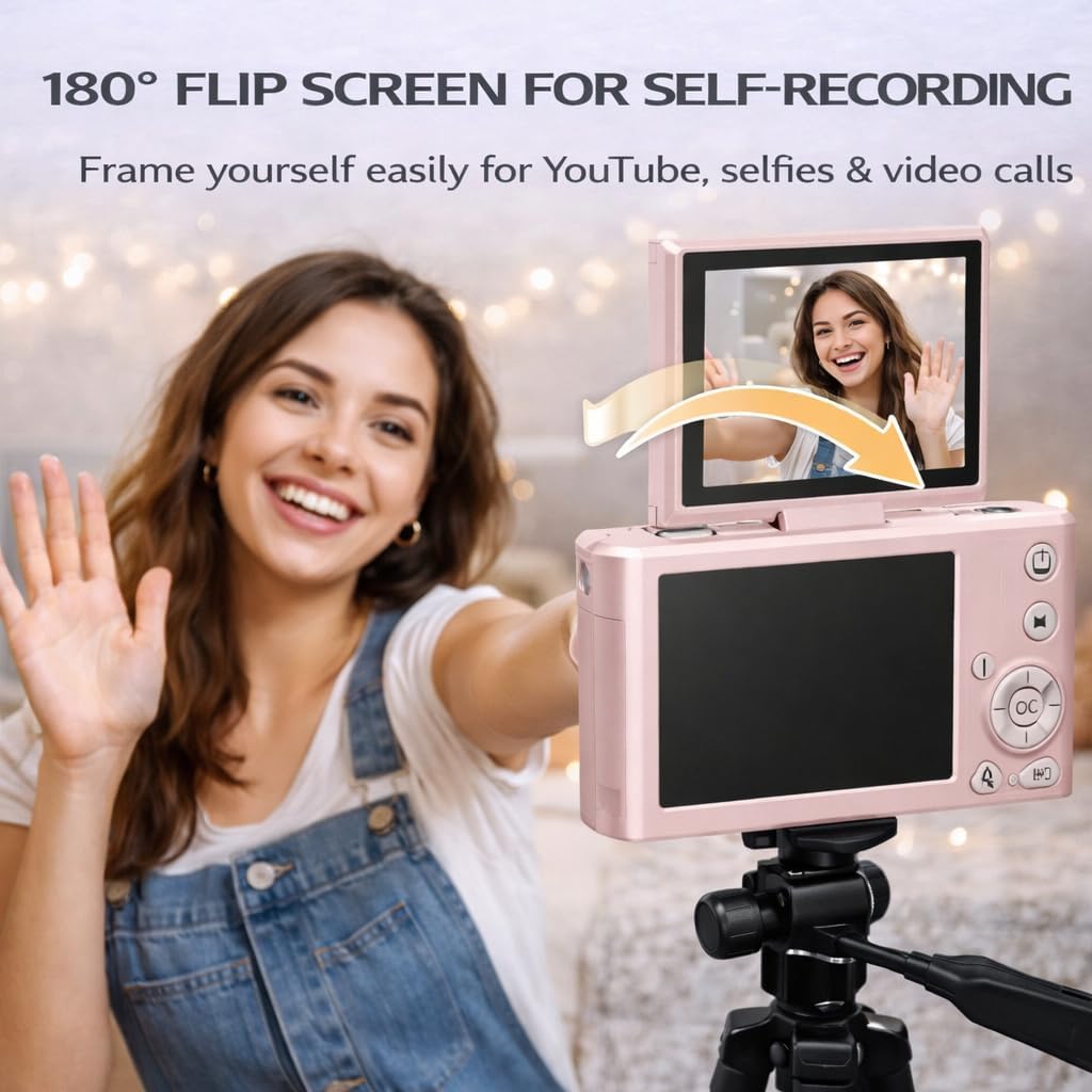 Acuvar 4K 64MP Digital Camera Kit for Photography, Vlogging Camera for YouTube with Flip Screen, WiFi, Wide Angle & Macro Lens, 64GB Micro SD Card, 50' Tripod, Case, Card Reader, Mic, LED Light