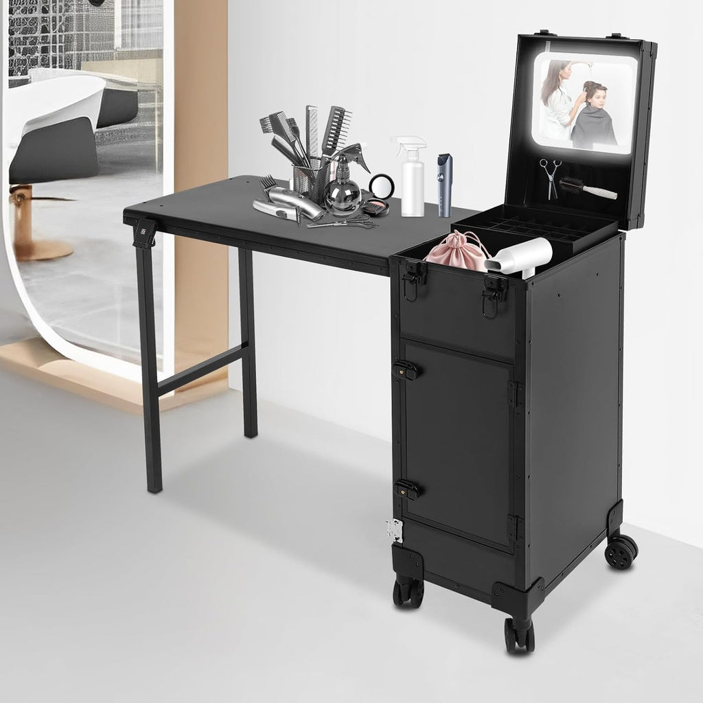 Professional Rolling Makeup Case, Foldable Nail Tables with Detachable Lighted Mirror, Travel Cosmetic Trolley Storage Organizer with Drawers, Manicure for Artist (Black 3)
