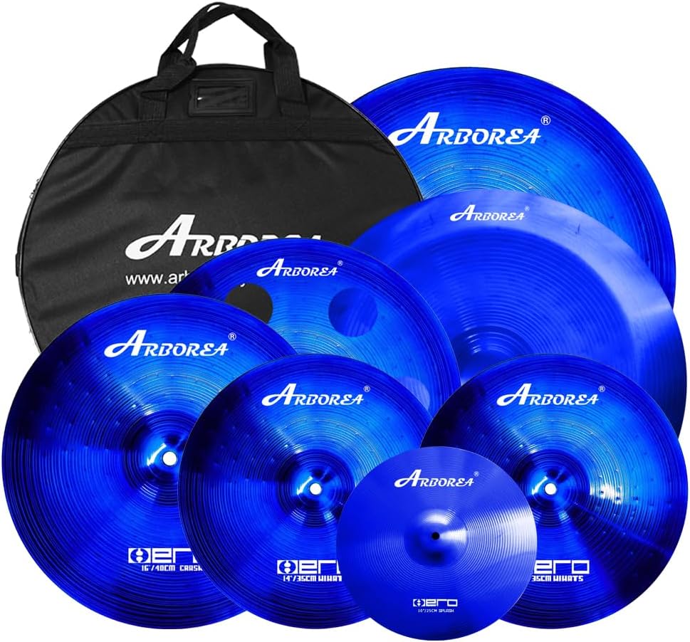 Arborea Cymbal Pack for Drum 7 pcs Blue Hero Series Include 14'Hihats 16'Crash 20'Ride Bonus 10' Splash 16'Ozone Stacker 18' China Cymbal Free Cymbal Bag