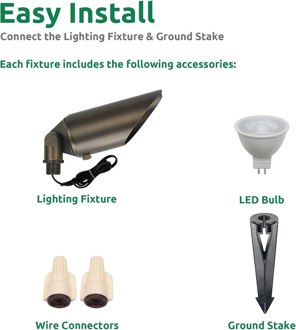 DOSHINE® Solid Brass Landscape LED Spotlights Outdoor Low Voltage Landscape Lighting AC/DC 12V Uplight Accent Light for Tree Garden Yard with Replaceable 5W 3000K Warm White 560LM MR16 Bulb (6-Pack)