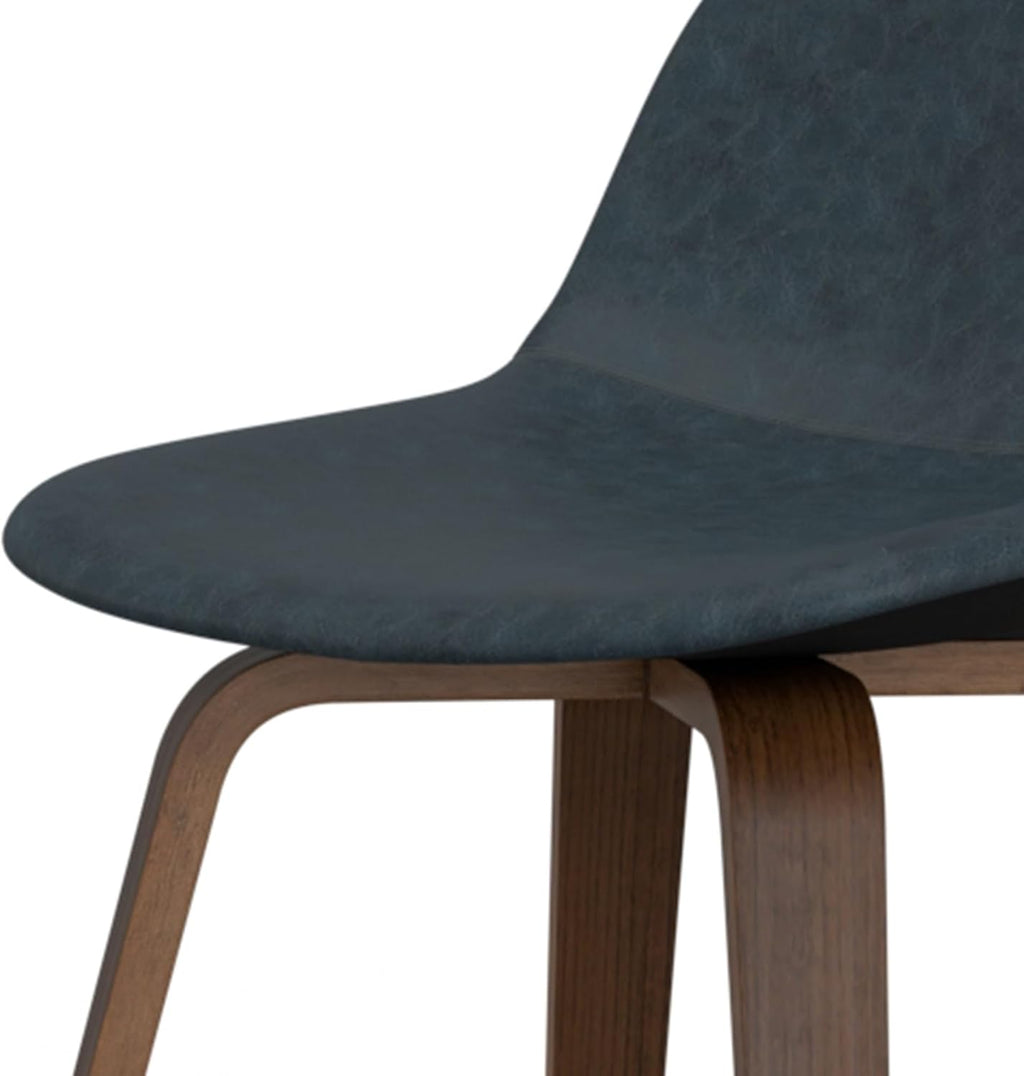 SIMPLIHOME Randolph Counter Stools (Set of 2) - 28 Inch Seat Height Upholstered Bentwood Kitchen Seats in Distressed Blue Vegan Faux Leather, Mid Century Seating with Curved Backrest and Footrest