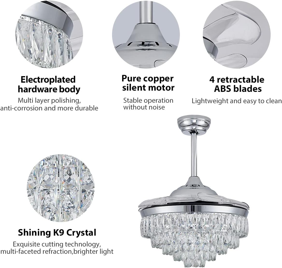 CLAIRDAI 42'' Modern Crystal Fandelier Ceiling Fan with Lights, Dimmable LED Chandelier Fan, Retractable Blades, Remote Control, 6-Speed Quiet Motor with Timer for Bedroom Living Room Dining Room