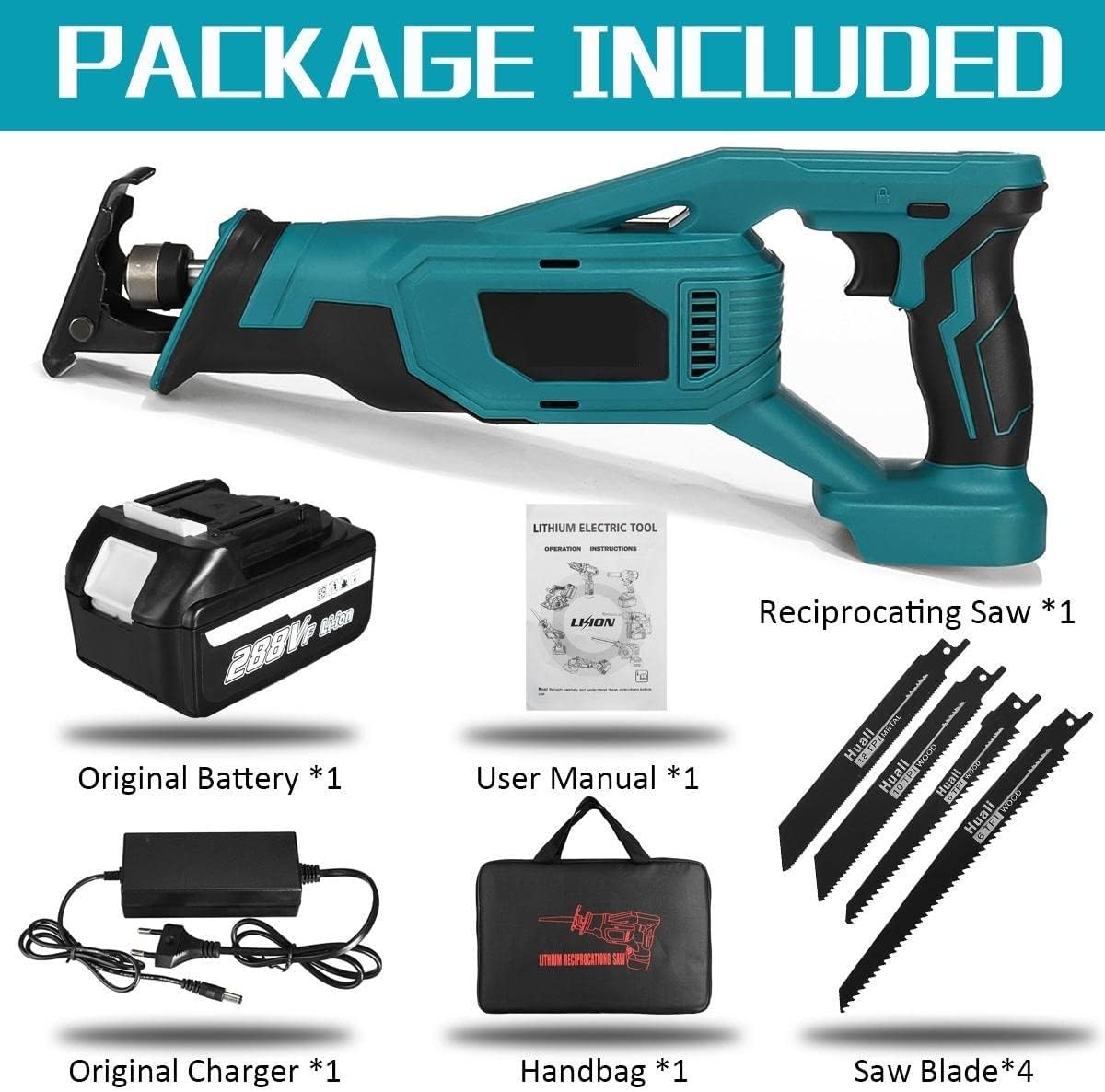 1500W 288VF Cordless Reciprocating Saw Electric Metal Wood Cutting Tool For 18V Battery With Blades 1/2PC Li-ion Battery,DIY Tools(1 battery)