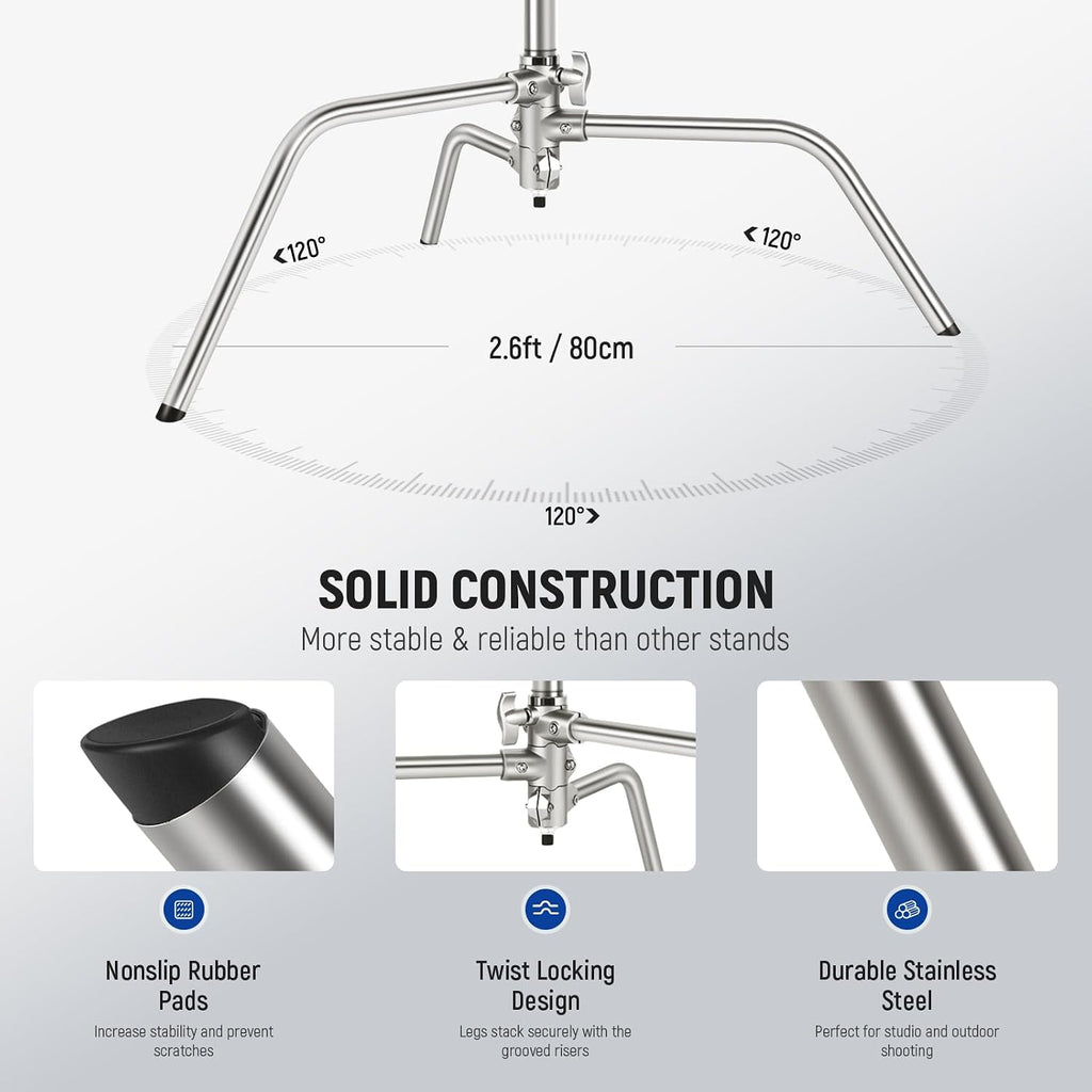 NEEWER Pro 100% Stainless Steel Heavy Duty C Stand with Boom Arm, Max Height 68'/172cm Photography Light Stand with 2.7ft/83cm Holding Arm, 2 Grip Head for Studio Monolight, Softbox, Reflector, SC172