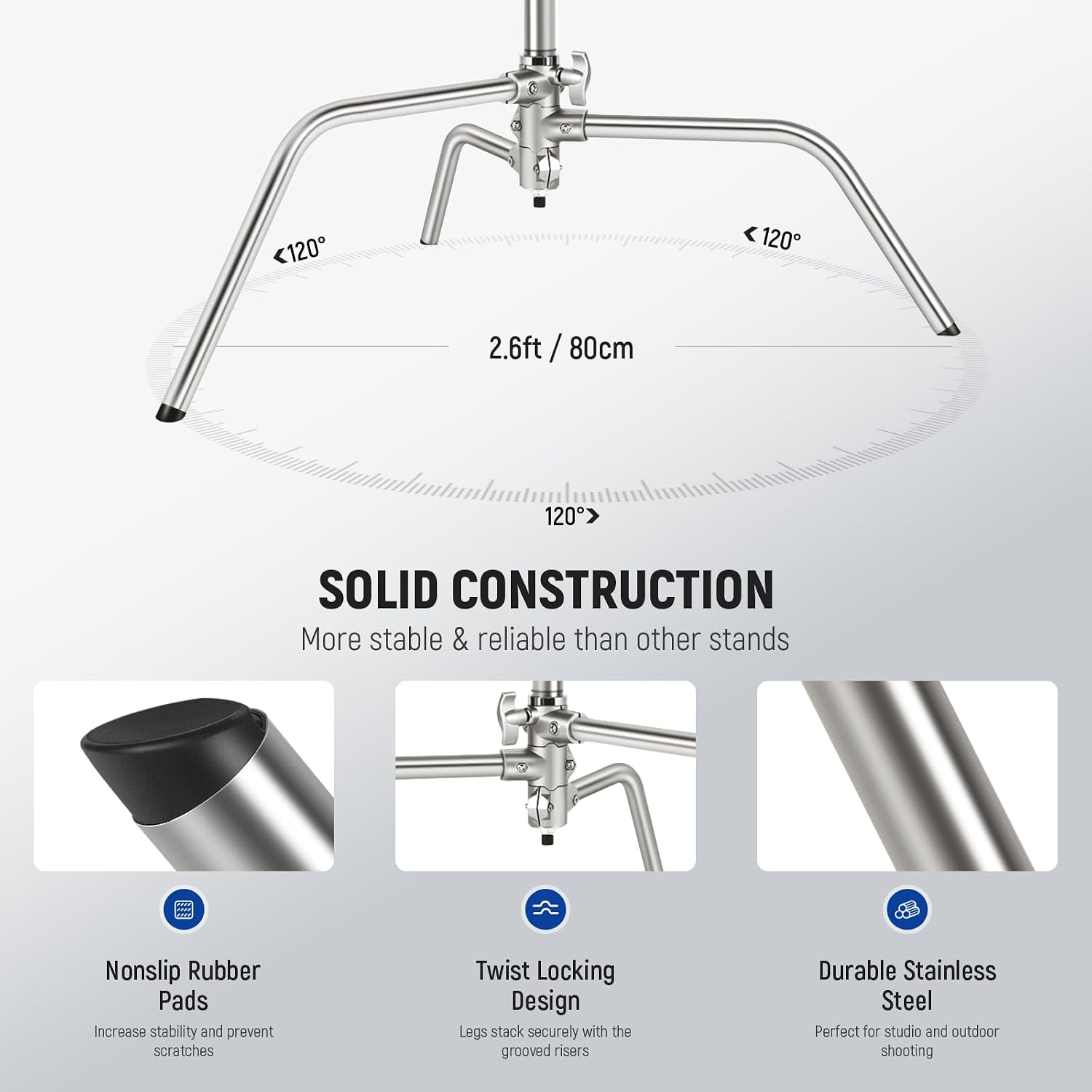 NEEWER Pro 100% Stainless Steel Heavy Duty C Stand with Boom Arm, Max Height 68'/172cm Photography Light Stand with 2.7ft/83cm Holding Arm, 2 Grip Head for Studio Monolight, Softbox, Reflector, SC172