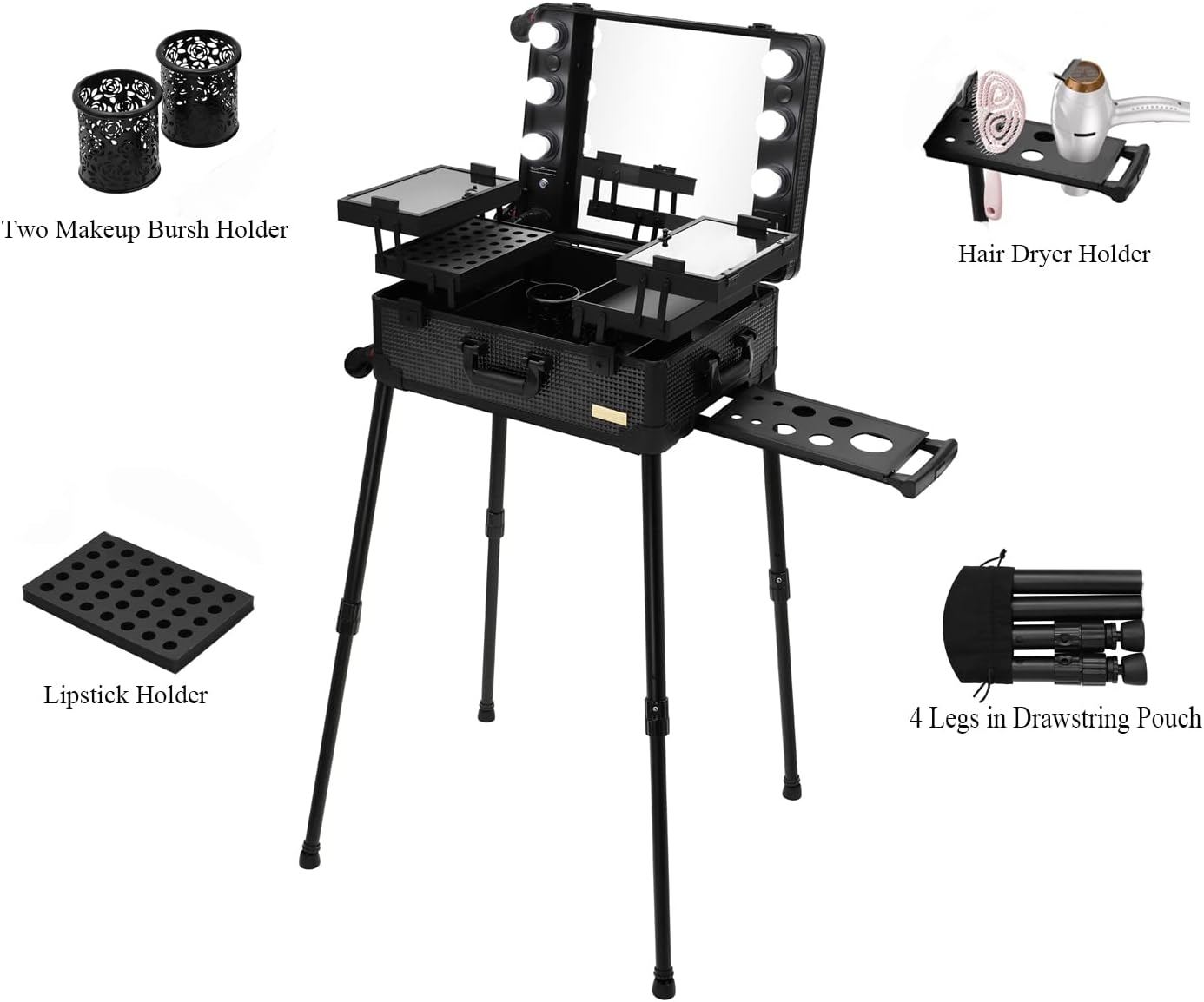 Aluminum Trolley Makeup Train Case with LED Lights Professional Cosmetic Organizer Studio with Speaker, Wheels and Stands Rolling Lighted Makeup Vanity Station for Travel (Black)