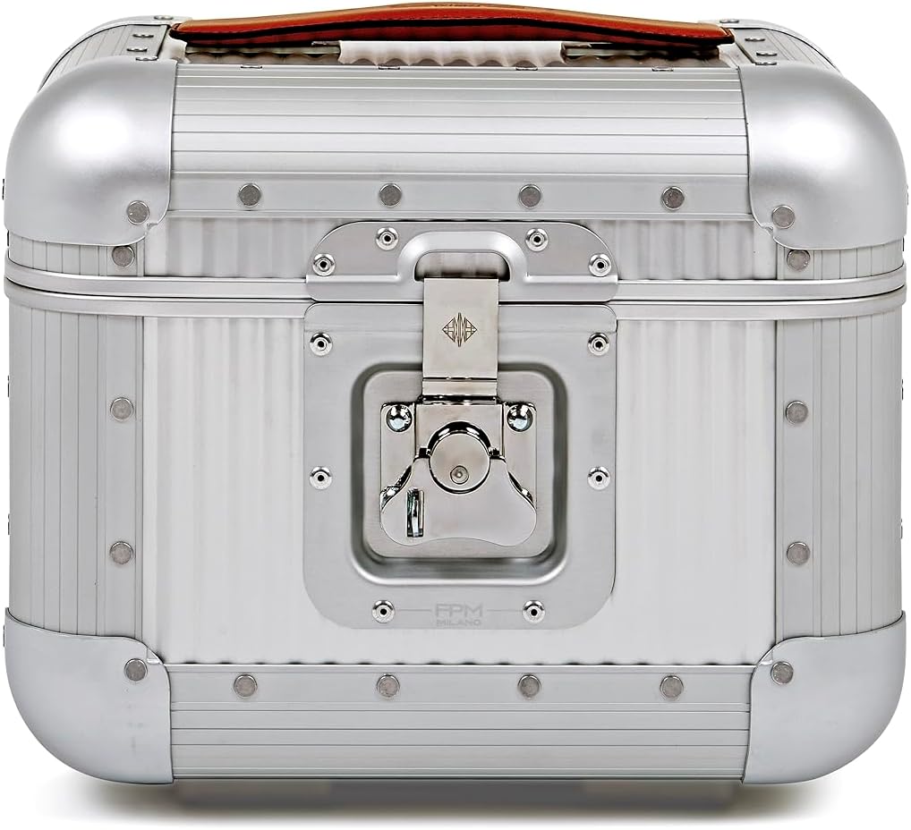 FPM MILANO Bank Vanity - Made in Italy Aluminum & Leather Framed Cosmetic Case - Personal Size - Moonlight Silver