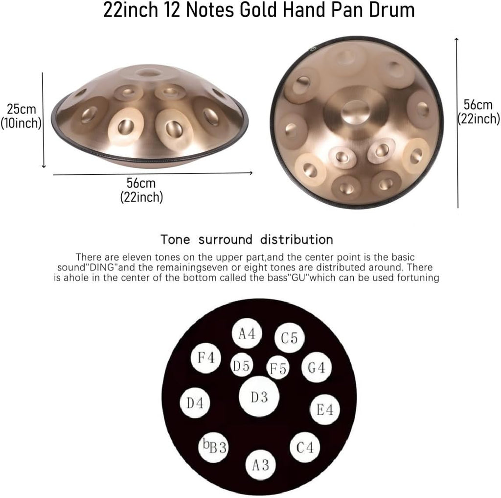 440HZ Steel Drum in 22Inch D Minor 12 Notes Hand Pan Drum Percussion Musical instrument with Soft Hand Pan Bag (12 Notes Gold Handpan)