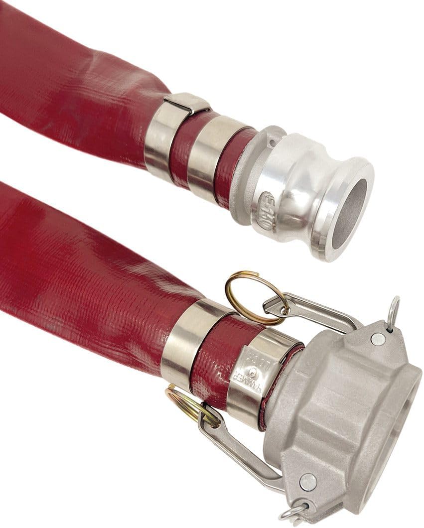 Gloxco 1-1/2' x 50′ Red Heavy Duty Lay Flat PVC Discharge Hose Assembly with Aluminum Cam and Groove C and E Fittings