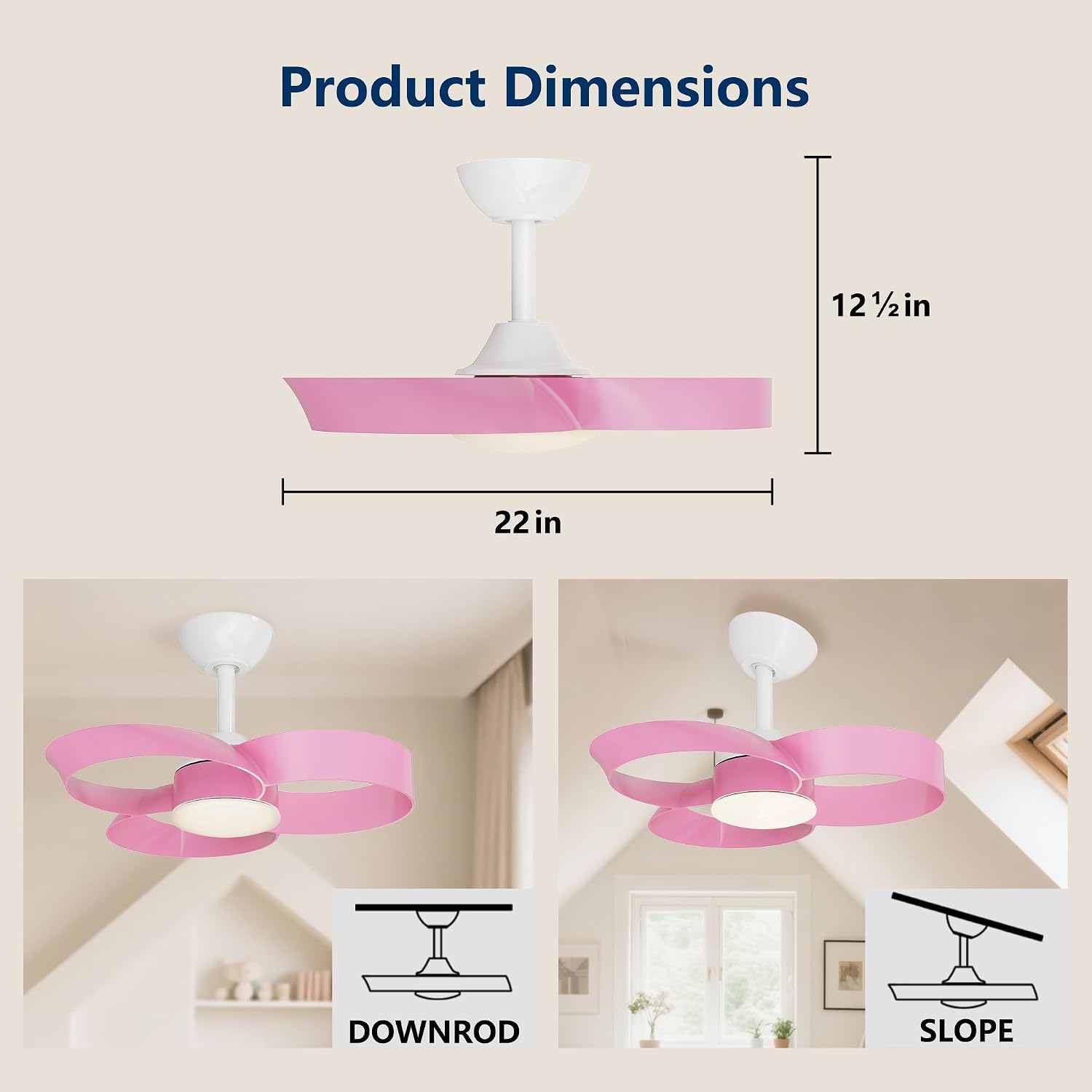 FANX 22 Inch Ceiling Fan with Light and Remote, Quiet DC Motor, Dimmable LED, Reversible 3-Speed Control, Easy Installation Downrod Fan for Small Rooms (Pink)