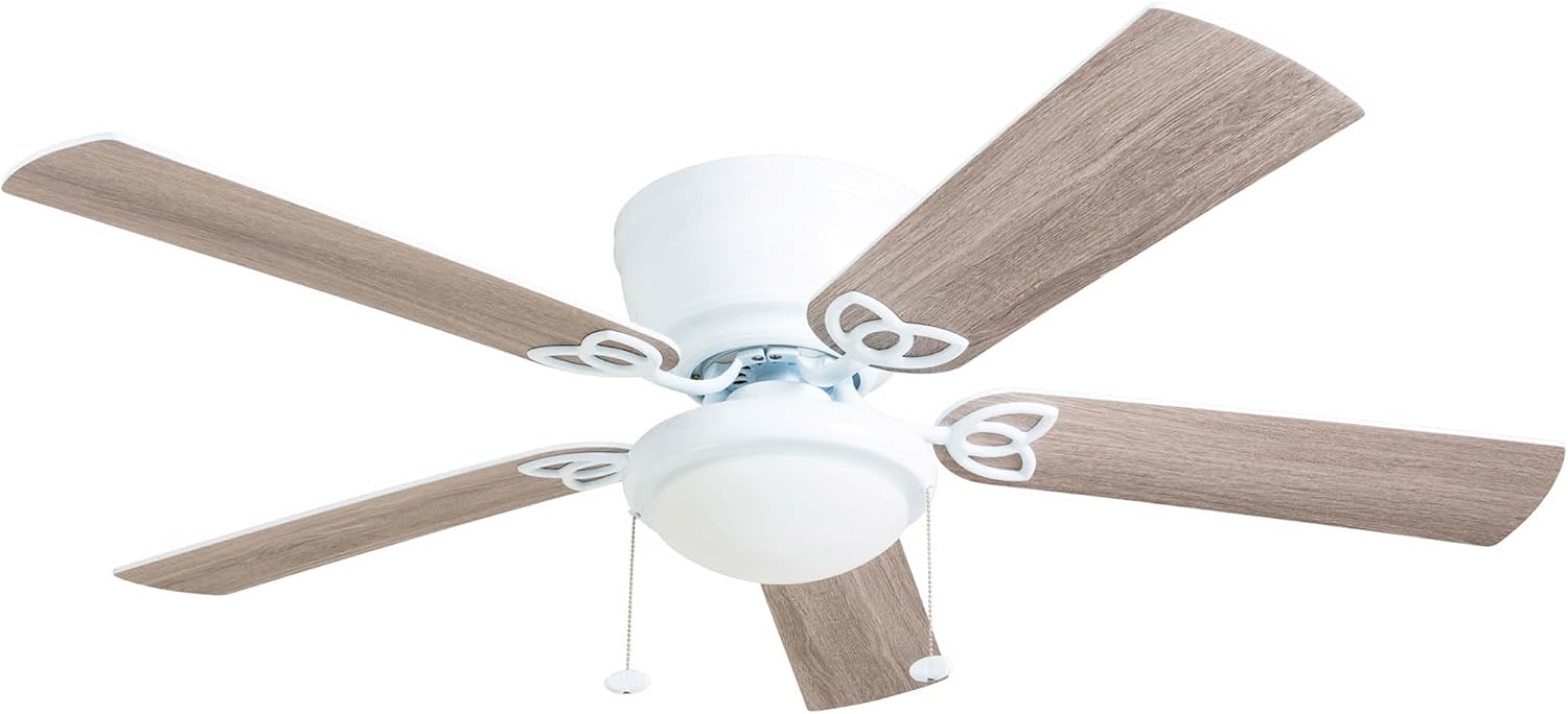 Prominence Home Benton Traditional 52 Inch Ceiling Fan with Light, LED Flush Mount Ceiling Fan, Indoor Fan with 5 Blades, White and Gray Oak Blade Finish Options, White (50852-01)