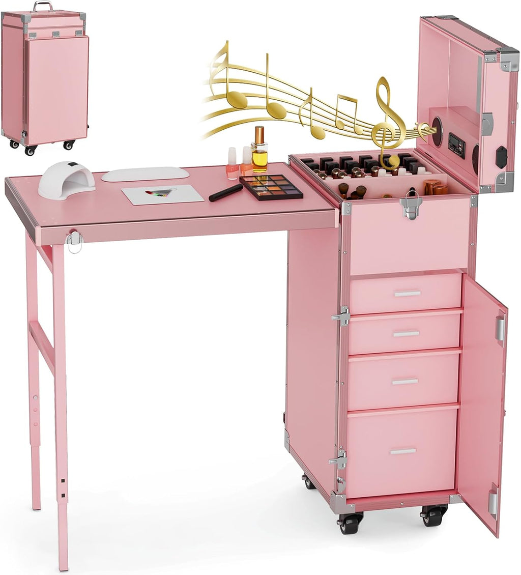 Icoget Portable Rolling Manicure Table for Nail Teach, Foldable Traveling Nail Desk w/Storage, Mobile Manicure Table w/Audio and Mirror, Makeup Train Case Cosmetic Trolley, Pink