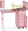 Icoget Portable Rolling Manicure Table for Nail Teach, Foldable Traveling Nail Desk w/Storage, Mobile Manicure Table w/Audio and Mirror, Makeup Train Case Cosmetic Trolley, Pink