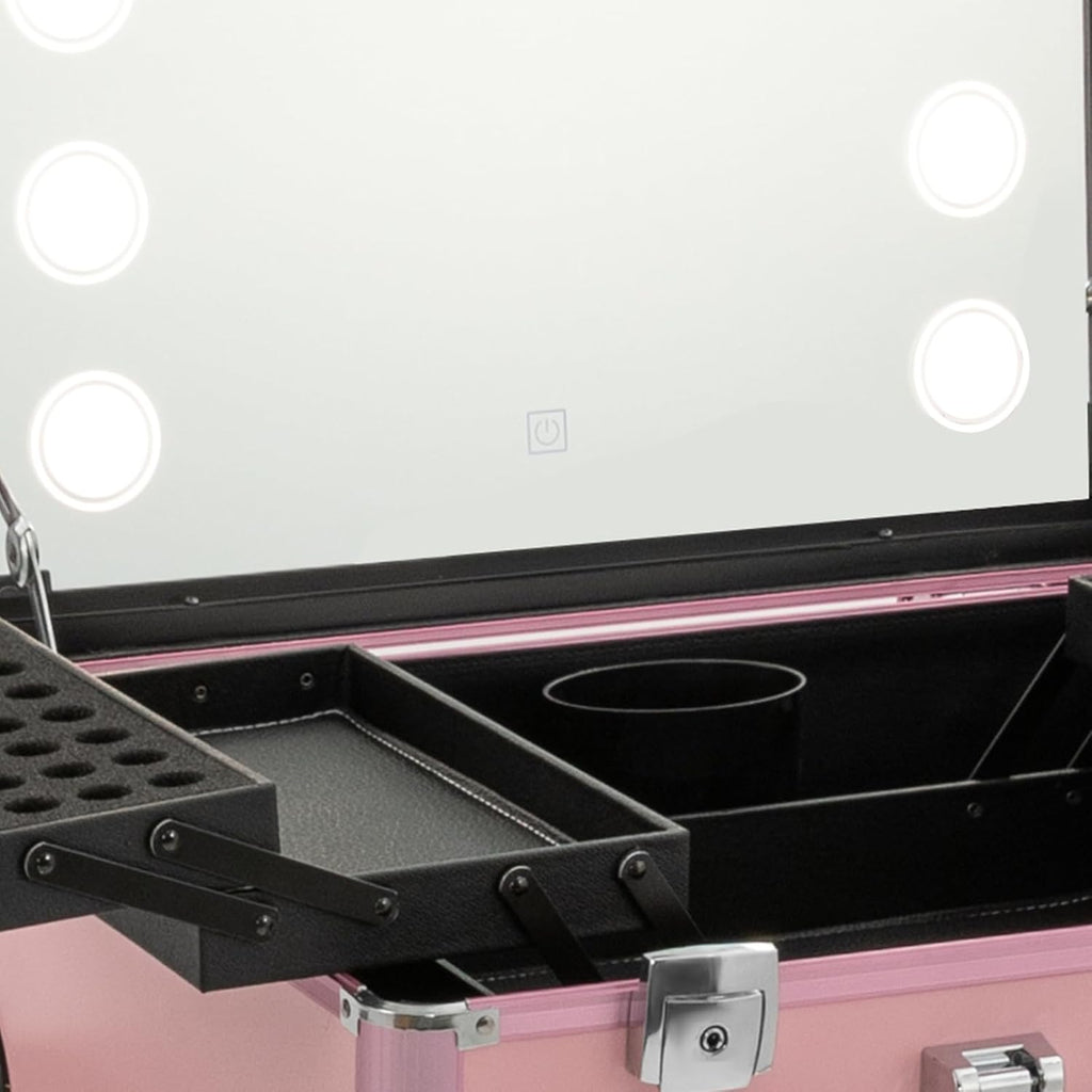 Aluminum Alloy Trolley Makeup Train Case, Rolling Cosmetic Organizer With 8 LED Lights, Lighted Makeup Case Travel Vanity Station, Standing Make up Box With Mirror, Cosmetology Case On Wheels