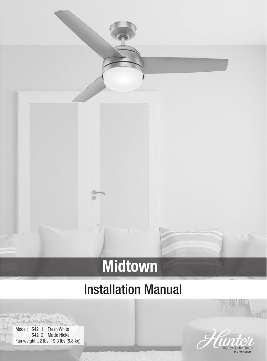 Hunter 48 inch Indoor Ceiling Fan with LED Light and Remote Control - Standard Mount Ceiling Fan, 3 Blades, For Bedroom, Living Room, or Kitchen, Quiet - Midtown 54212, Matte Nickel