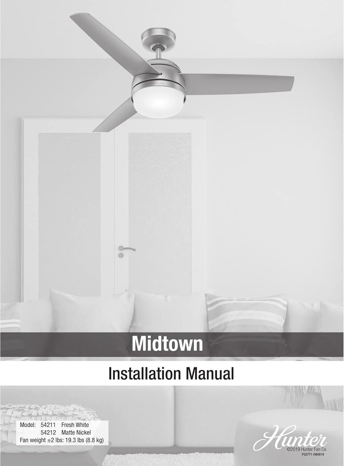 Hunter 48 inch Indoor Ceiling Fan with LED Light and Remote Control - Standard Mount Ceiling Fan, 3 Blades, For Bedroom, Living Room, or Kitchen, Quiet - Midtown 54212, Matte Nickel