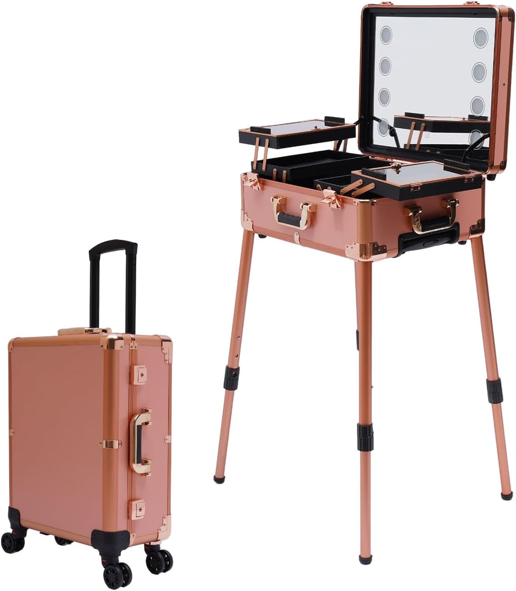 Rolling Makeup Case with LED Mirror & 3 Light Colors, 22'' Aluminum Trolley Makeup Train Case with Reinforced Lock, Cosmetic Organizer Case for Hairstylist (Rose Gold)