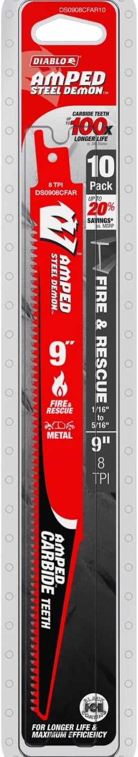 Diablo Amped Steel Demon Carbide Teeth Reciprocating Saw Blade for Fire and Rescue - Auto Dismantling and Extrication - 9' Length, Carbide Teeth Design, 8 TPI, 10-Pack - DS0908CFAR10