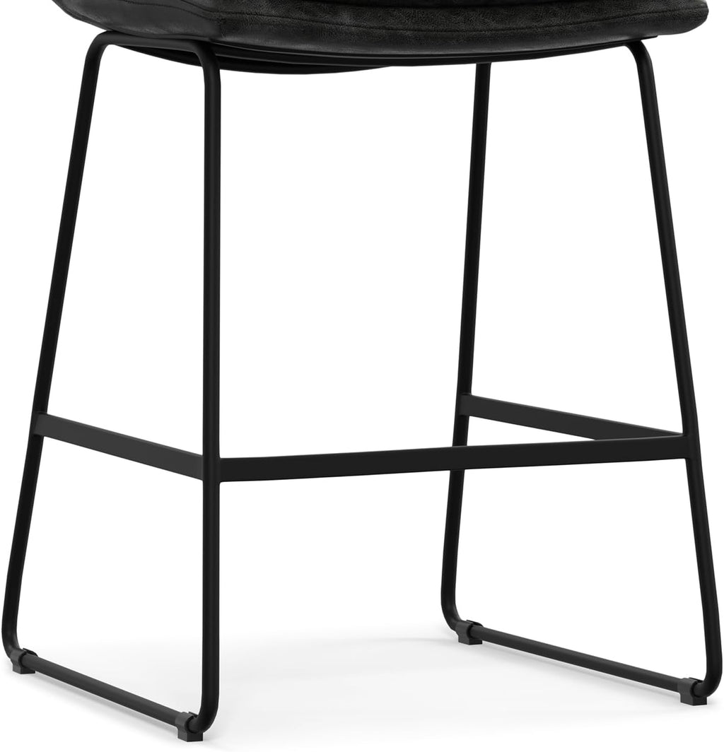 SIMPLIHOME Danika Counter Stools (Set of 2) - 24 Inch Seat Height Upholstered Metal Kitchen Seats in Distressed Charcoal Grey Vegan Faux Leather, Mid Century Seating with Tufted Design and Footrest
