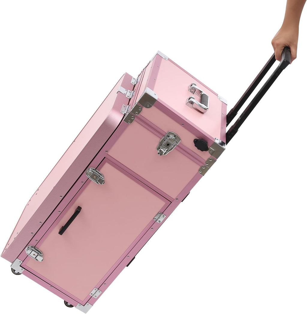 Makeup Train Case With 4 Universal Wheels,Portablel Makeup Suitcase With Drawers,Unfold Table And Makeup Mirror,Rolling Cosmetic Storage Organizer For Artist,Hairstylist,Etc (Pink)