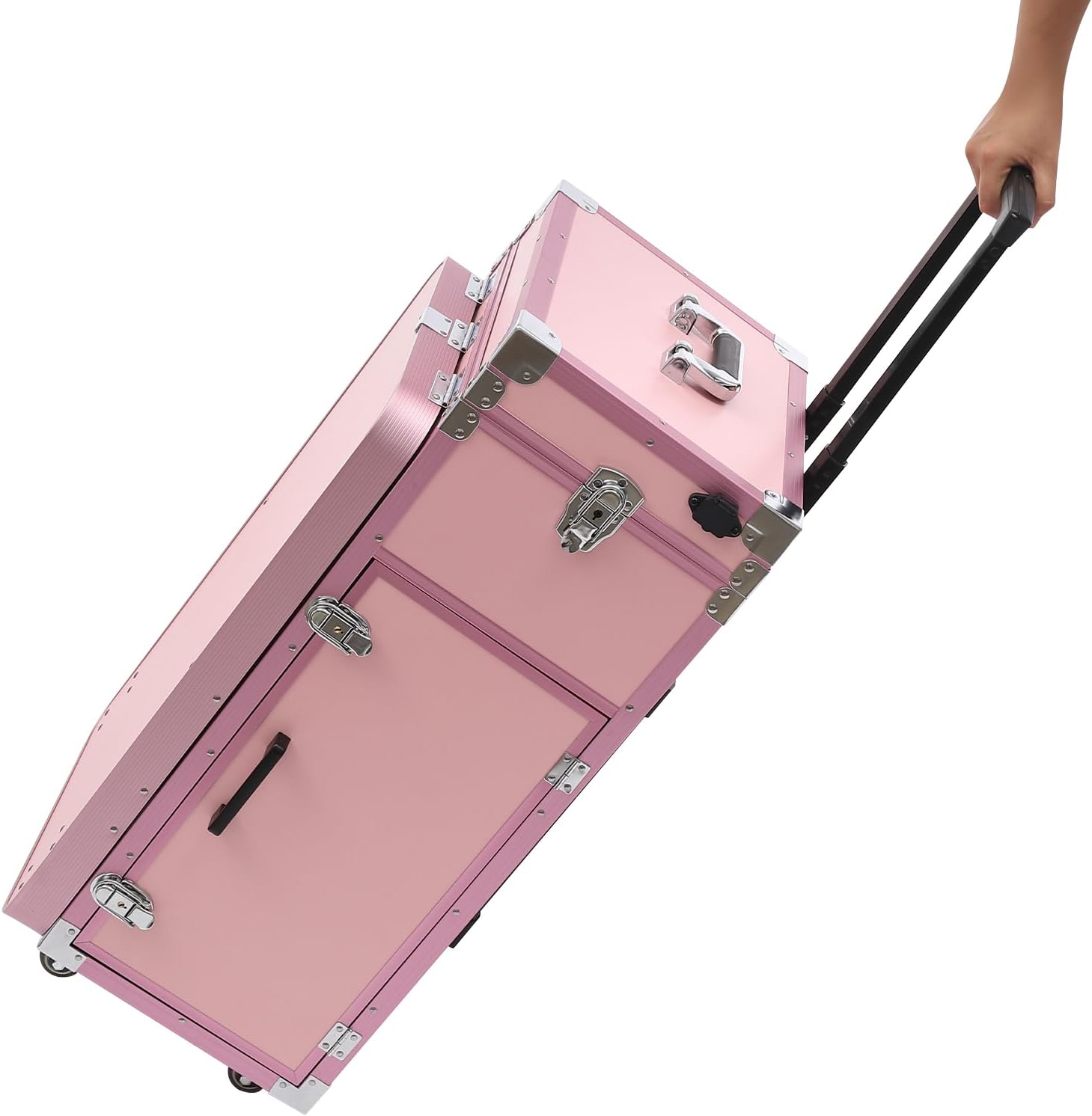 Makeup Train Case With 4 Universal Wheels,Portablel Makeup Suitcase With Drawers,Unfold Table And Makeup Mirror,Rolling Cosmetic Storage Organizer For Artist,Hairstylist,Etc (Pink)