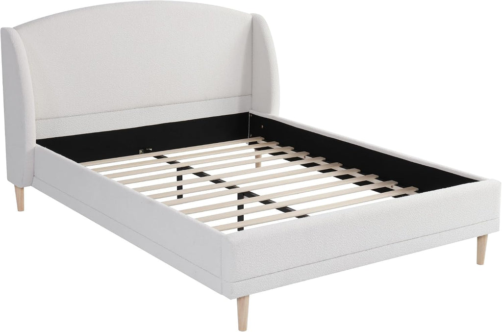 Christopher Knight Home Hazel Queen Size Bed Frame, Upholstered Platform Bed, Soft Boucle Wingback Headboard, Wood Bed Support and Slats, Curved-Shaped Headboard Queen Bed for Adult, 44.50' H White