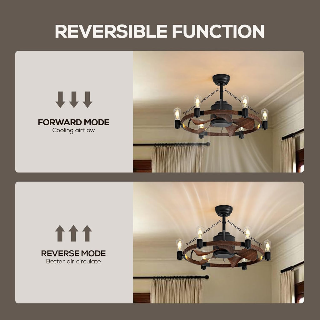 LUDOMIDE Ceiling Fan with Light, 28' Rustic Chandelier Ceiling Fan with Remote Control, Farmhouse Caged Ceiling Fan with Lights for Bedroom, Kitchen, Living Room, Dining Room