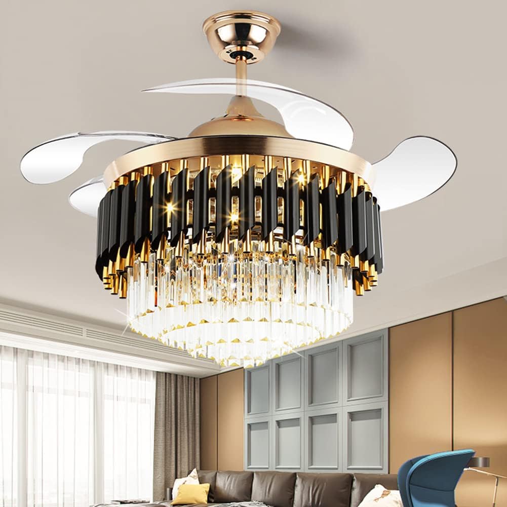 42' Crystal Chandelier Ceiling Fan and Remote, Gold Luxury Chandelier and Fan With 3 Colors 3 Speeds, Retractable Fandelier Ceiling Fan LED Light For Dinning Room Bedroom