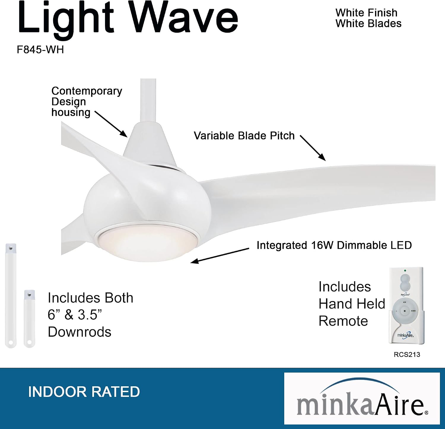Minka-Aire F845-WH Light Wave 44' Low Profile Ceiling Fan with LED Light in White Finish with Remote Control and Included 3.5' Downrod