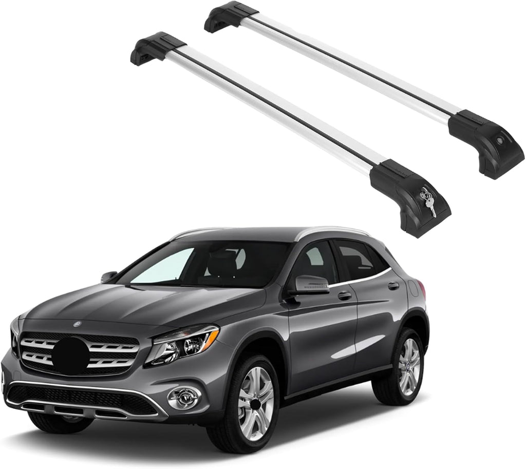ERKUL Heavy Duty 220lb Roof Rack Cross Bars for Mercedes Benz GLA 2014-2020 | Solid Metal Mounts | Aluminum Crossbars with Anti Theft Lock for Rooftop - Compatible with Flush Rails - Silver