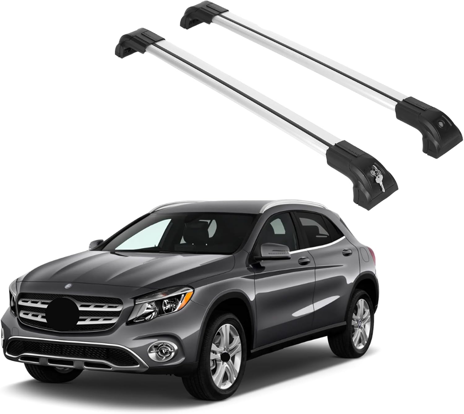 ERKUL Heavy Duty 220lb Roof Rack Cross Bars for Mercedes Benz GLA 2014-2020 | Solid Metal Mounts | Aluminum Crossbars with Anti Theft Lock for Rooftop - Compatible with Flush Rails - Silver