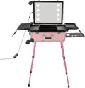 Aluminum Alloy Trolley Makeup Train Case, Rolling Cosmetic Organizer With 8 LED Lights, Lighted Makeup Case Travel Vanity Station, Standing Make up Box With Mirror, Cosmetology Case On Wheels