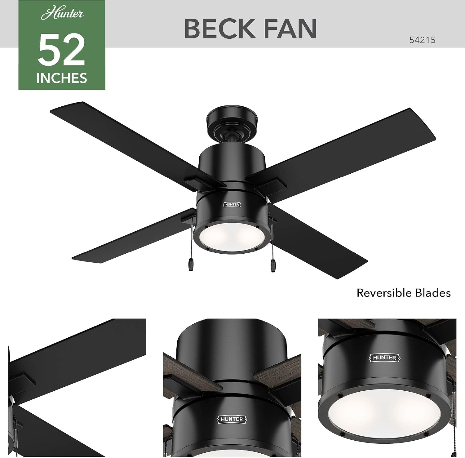 Hunter 52 inch Indoor Ceiling Fan with LED Light - Black Ceiling Fan with Pull Chain, For Bedroom, Living Room, or Kitchen, Standard Mount, No Remote, 4 Blades - Beck 54215, Matte Black
