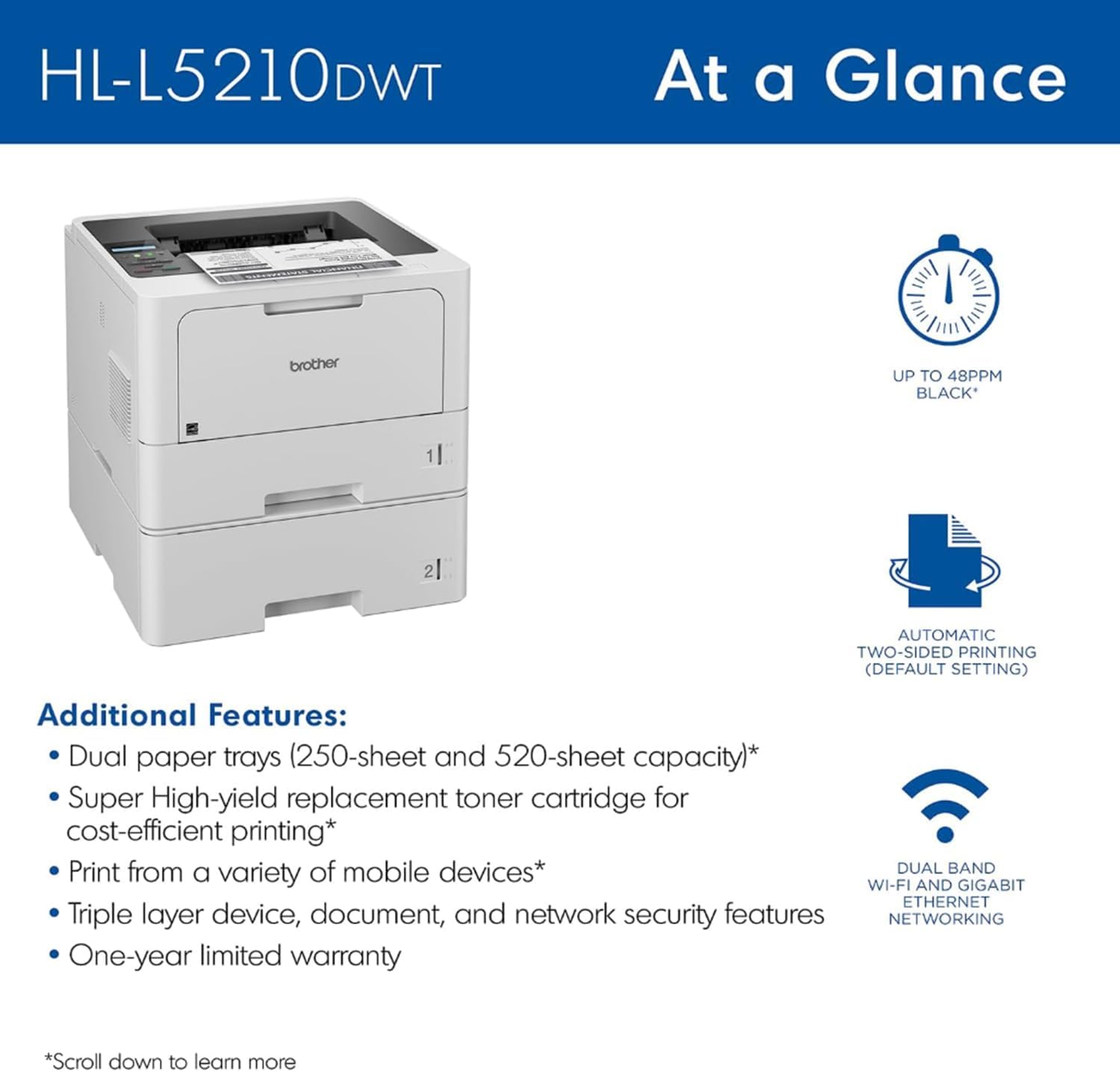 Brother HL‑L5210DWT Business Monochrome Laser Printer Bundle with 26‑Month Protection Plan, Printer Essentials Digital Download, 6FT 4K HDMI 2.0 Cable & 6FT USB Type‑A to Type‑B Printer Cable